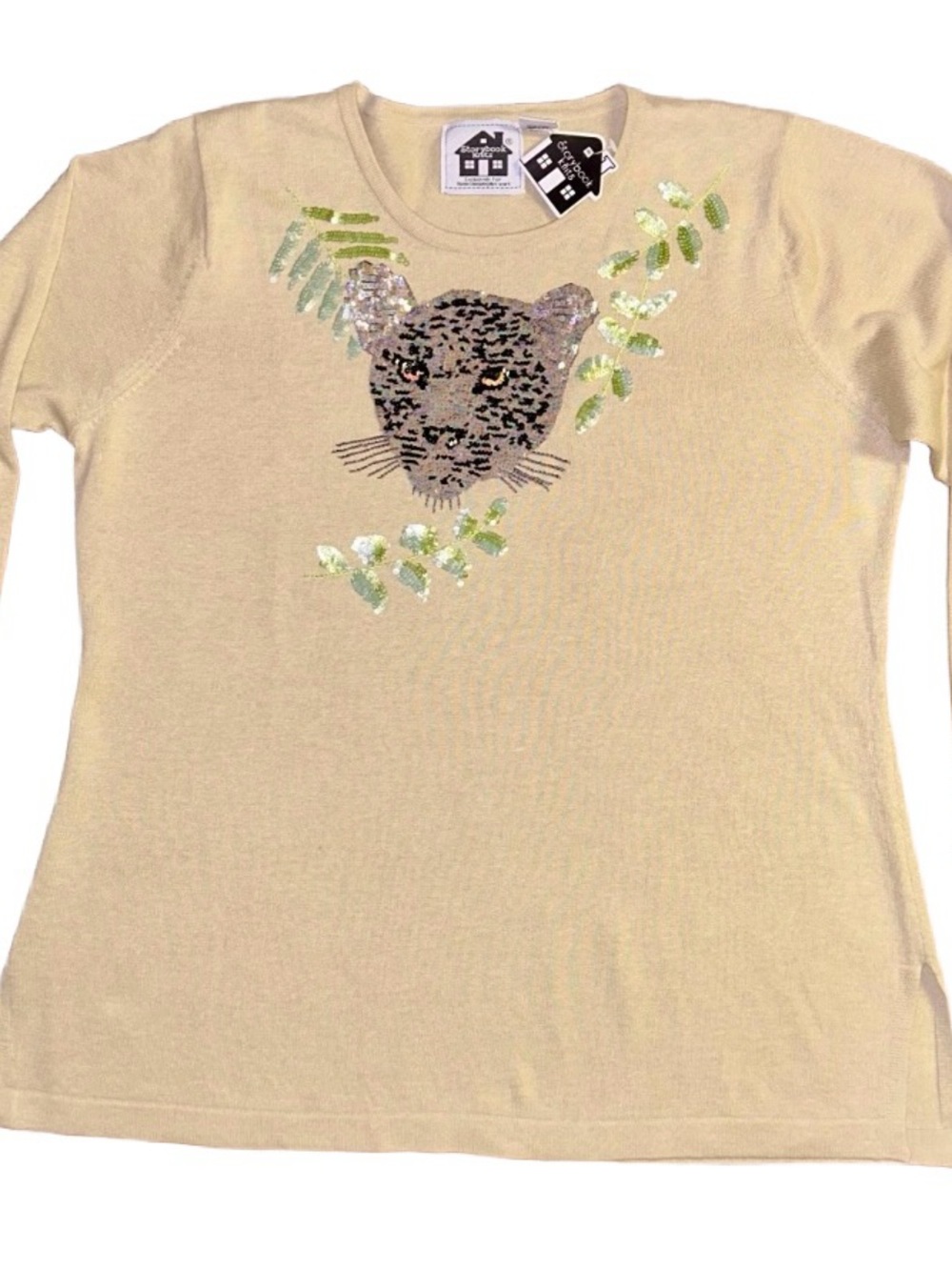 Storybook Knits ~ Large ~ Beige W/ Sequins Leopard Face Sweater ~ New W/Tags